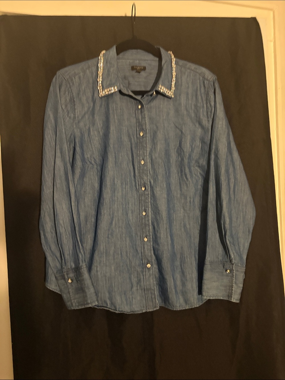 Talbots Light Blue Denim Button-Down Shirt with Beaded Collar
